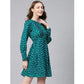 Generic Women's Polyester Polka Long Sleeves Above Knee Dress (Green - White)