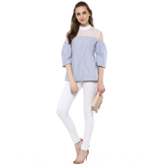 Generic Women's Cotton Striped Cold Shoulder Top (Blue)