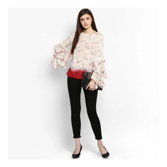 Generic Women's Rayon Crepe Printed Ruffle Sleeve Top (Off White - Red)