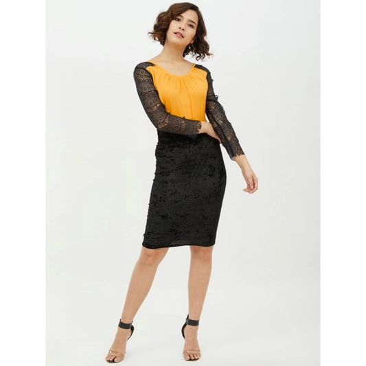 Generic Women's Rayon Lace Inserts Long Sleeves Top (Yellow)