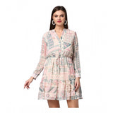 Generic Women's Polyester Printed Long Sleeves Above Knee Dress (Light Pink - Off White)