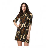 Generic Women's Polyester Printed Roll Up Sleeve Tunic Top (Green - Black)