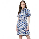 Generic Women's Polyester Floral Short Sleeve Above Knee Dress (Blue - White)