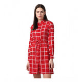 Generic Women's Polyester Checkered Long Sleeves Above Knee Dress (Red)