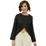 Generic Women's Polyester Asymmetrical Long Sleeves Top (Black)