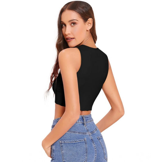 Generic Women's Polyester Solid Sleeveless Round Neck Top (Black)