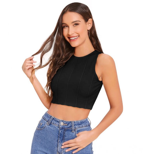 Generic Women's Polyester Solid Sleeveless Round Neck Top (Black)