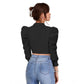 Generic Women's Polyester Solid Puff Sleeves Lapel Collar Top (Black)
