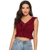 Generic Women's Polyester Solid Sleeveless Ruffle Neck Top (Maroon)