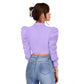 Generic Women's Polyester Solid Puff Sleeves Lapel Collar Top (Purple)