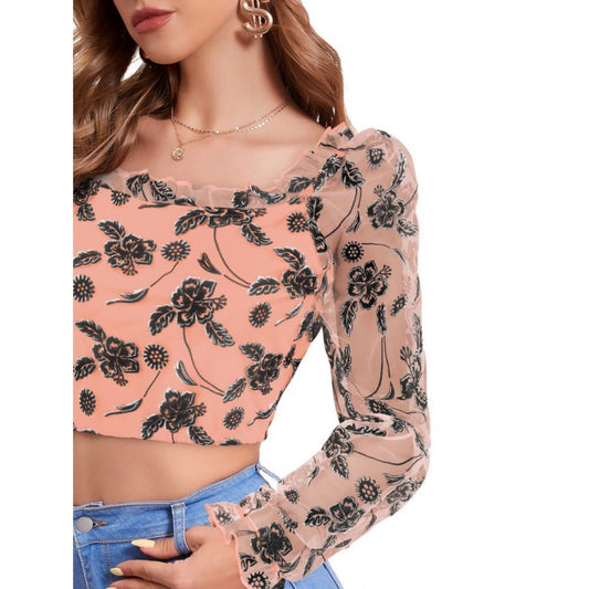 Generic Women's Polyester Solid Full Sleeves Square Collar Top (Peach)