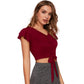 Generic Women's Polyester Solid Short Sleeves V Neck Top (Maroon)