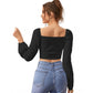 Generic Women's Polyester Solid Long Sleeves Square Neck Top (Black)