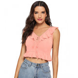 Generic Women's Polyester Solid Sleeveless Ruffle Neck Top (Peach)