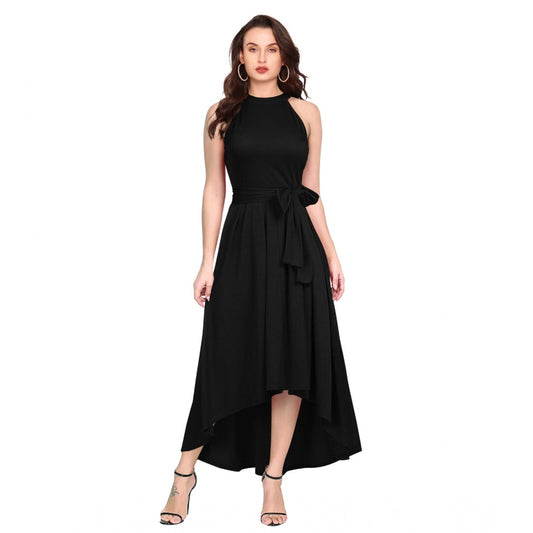 Generic Women's Polyster Solid Halter Neck Sleeveless Dress (Black)