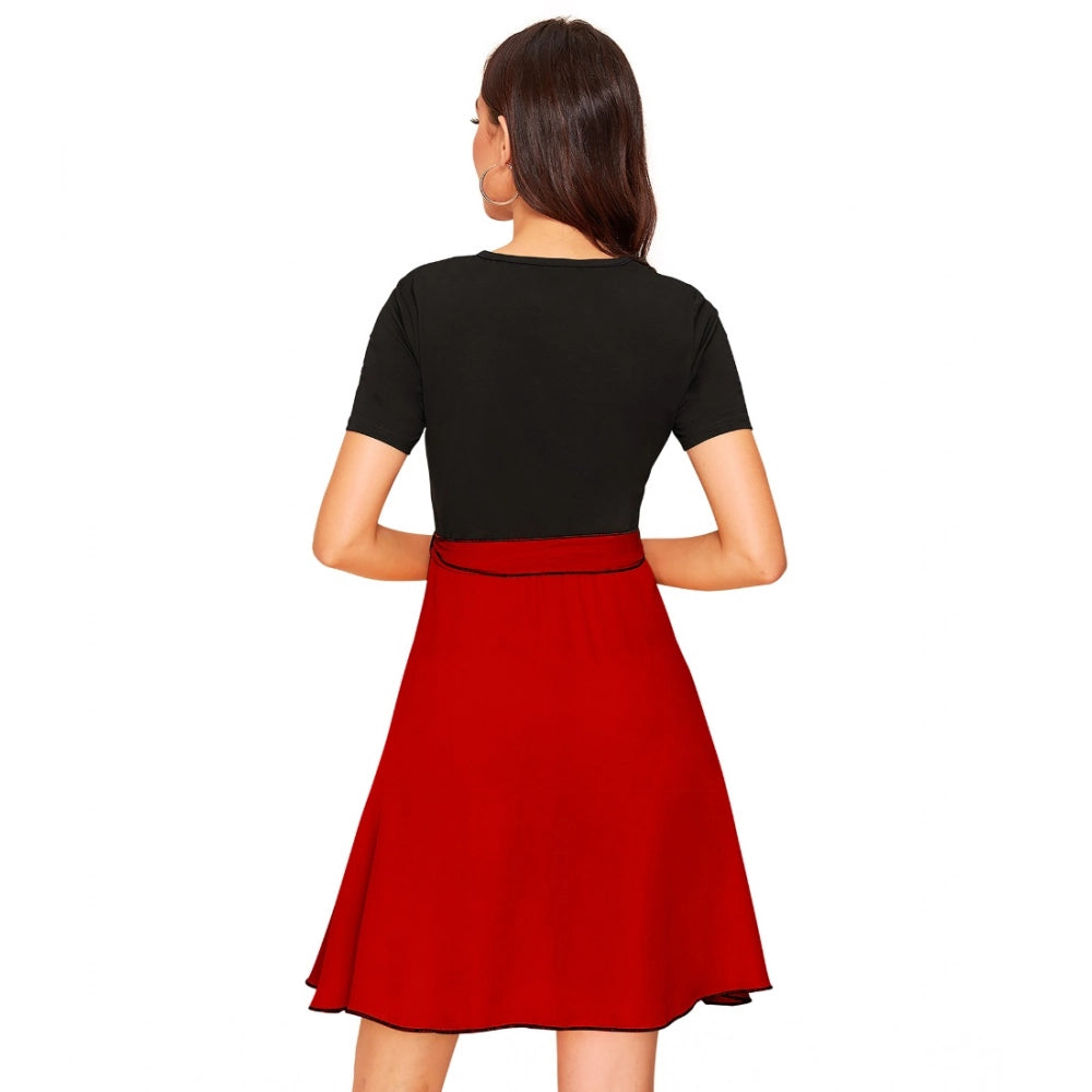 Generic Women's Knitting stretchable Solid Round Neck Cap Sleeve Dress (Red)