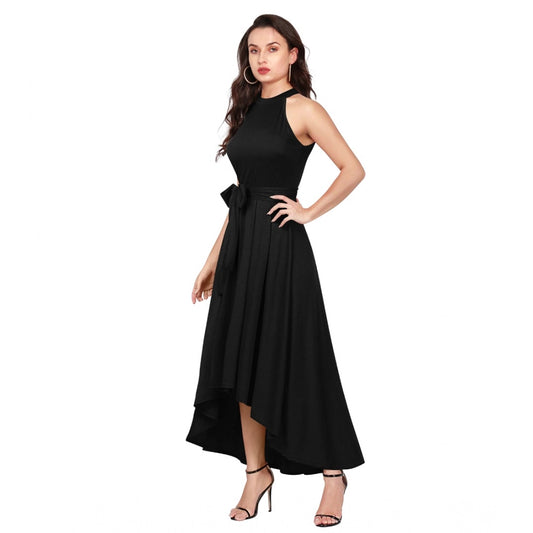 Generic Women's Polyster Solid Halter Neck Sleeveless Dress (Black)