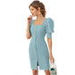 Generic Women's Knitting stretchable Solid Square Neck 3-4 Puff Sleeve Dress (Pista)