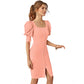 Generic Women's Knitting stretchable Solid Square Neck 3-4 Puff Sleeve Dress (Peach)