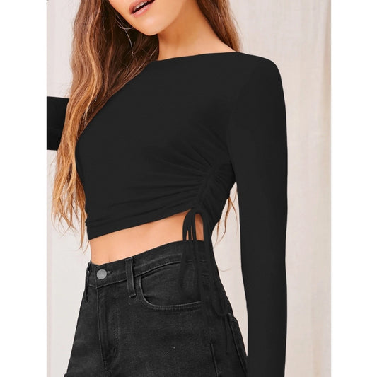 Generic Women's Polyester Solid Round Neck Full Sleeve Top (Black)