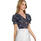 Generic Women's Knitting Printed V-Neck Puff Sleeve Tops (Navy Blue)