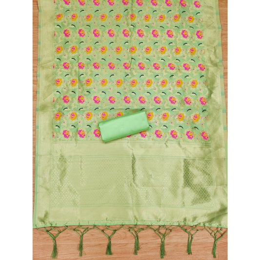 Generic Women's Banarasi Silk Printed Unstitched Salwar Suit Material With Dupatta (Pista, 3Mtrs)