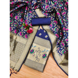 Generic Women's Banarasi Silk Printed Unstitched Salwar Suit Material With Dupatta (Navy Blue, 3Mtrs)