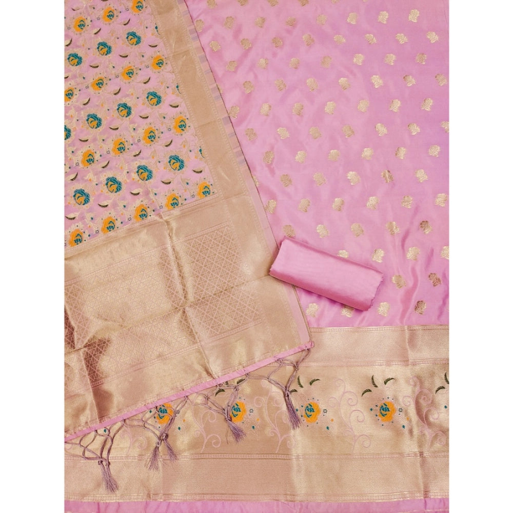 Generic Women's Banarasi Silk Printed Unstitched Salwar Suit Material With Dupatta (Pink, 3Mtrs)