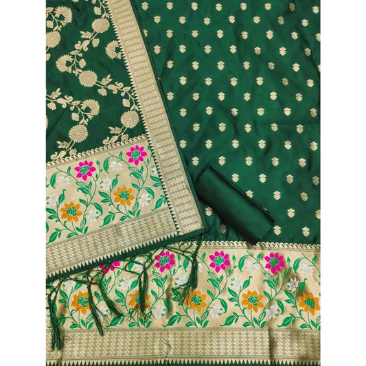 Generic Women's Banarasi Silk Printed Unstitched Salwar Suit Material With Dupatta (Green, 3Mtrs)