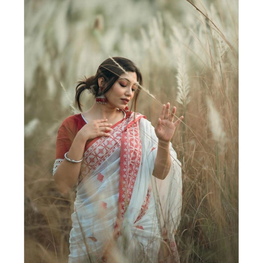 Generic Women's Cotton  Printed Saree With Unstitched Blouse 5.5Mtr (White-Red)