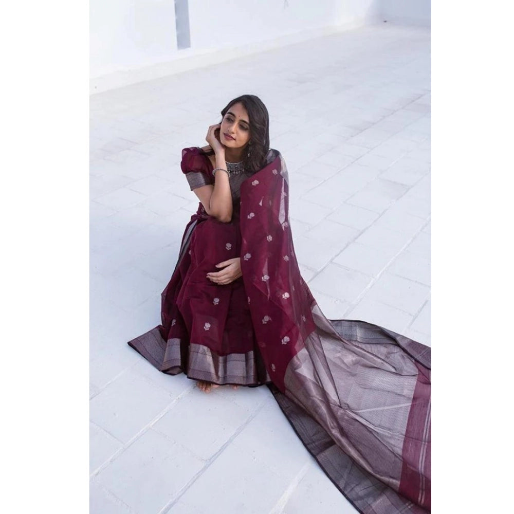 Generic Women's Cotton  Printed Saree With Unstitched Blouse 5.5Mtr (Maroon)