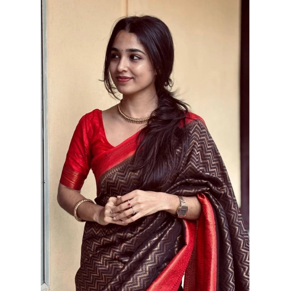 Generic Women's Silk Printed Saree With Unstitched Blouse 5.5Mtr (Brown)