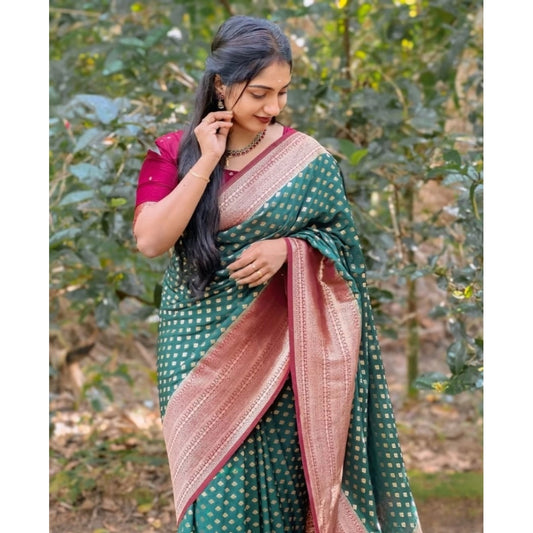 Generic Women's Silk Printed Saree With Unstitched Blouse 5.5Mtr (Green-Red)