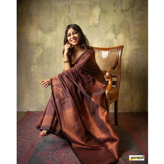 Generic Women's Silk Printed Saree With Unstitched Blouse 5.5Mtr (Coffee)