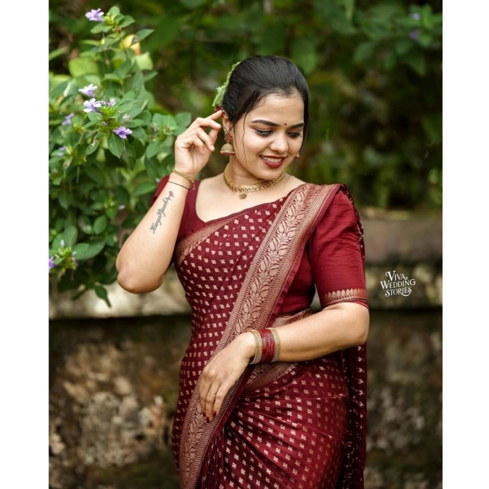 Generic Women's Silk Printed Saree With Unstitched Blouse 5.5Mtr (Maroon)