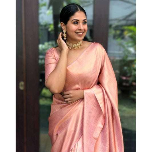 Generic Women's Silk Printed Saree With Unstitched Blouse 5.5Mtr (Peach)