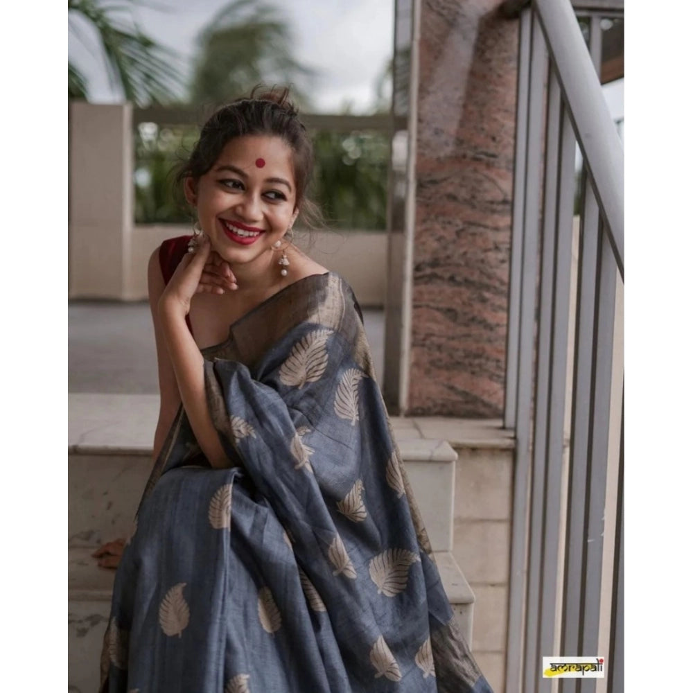 Generic Women's Silk Printed Saree With Unstitched Blouse 5.5Mtr (Grey)