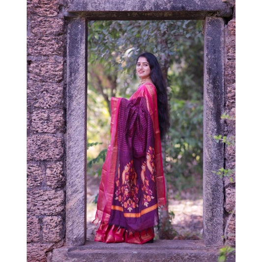Generic Women's Silk Printed Saree With Unstitched Blouse 5.5Mtr (Purple)