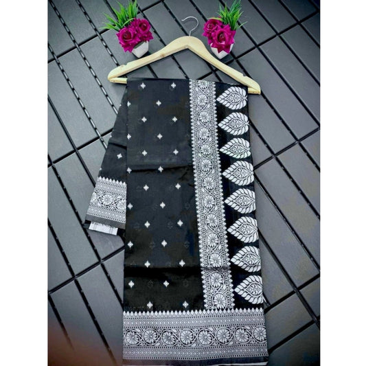 Generic Women's Silk Printed Saree With Unstitched Blouse 5.5Mtr (Black)