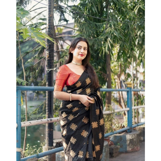 Generic Women's Silk Printed Saree With Unstitched Blouse 5.5Mtr (Blacl-Orange)