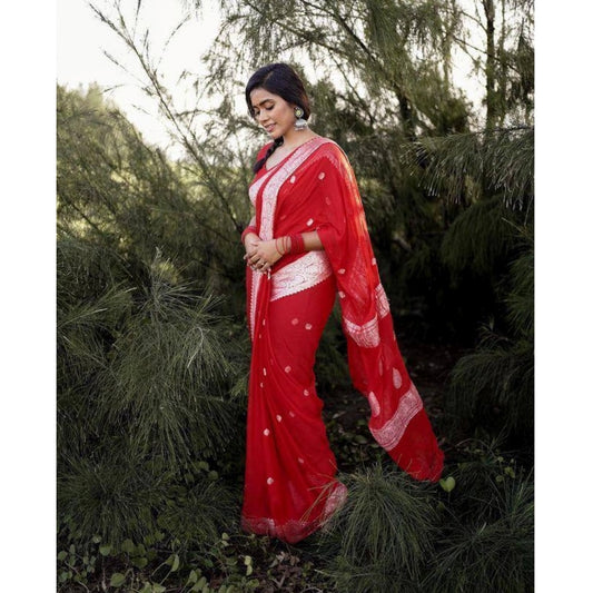 Generic Women's Cotton  Printed Saree With Unstitched Blouse 5.5Mtr (Red)