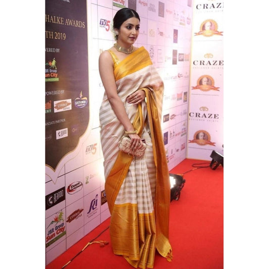 Generic Women's Silk Printed Saree With Unstitched Blouse 5.5Mtr (Off White-Yellow)