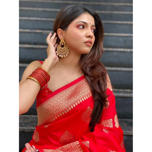 Generic Women's Silk Printed Saree With Unstitched Blouse 5.5Mtr (Red)