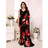 Generic Women's Small Lace Georgette Printed Ready-to-Wear Saree With Unstitched Blouse 5.5 Mtr (Black-Red)