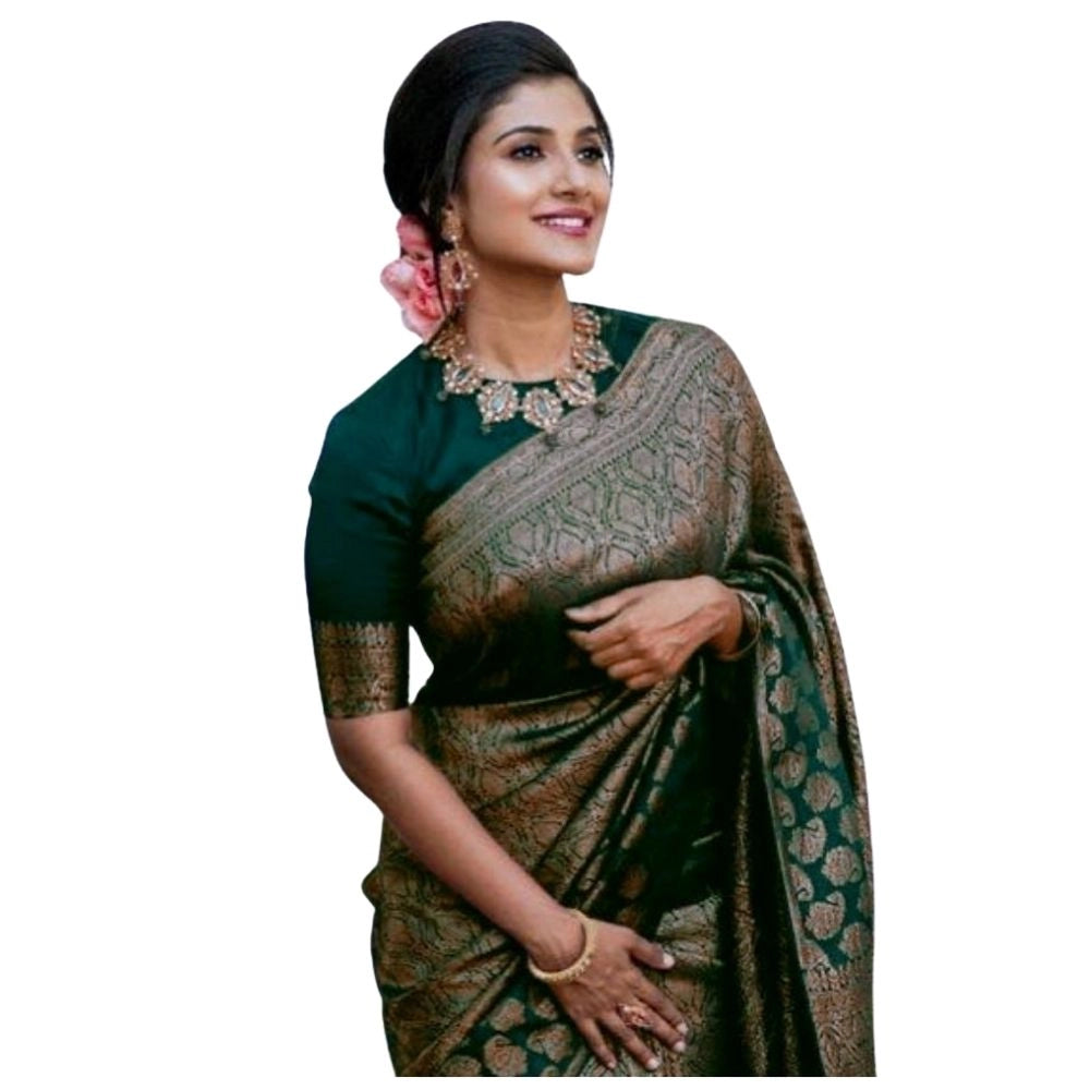 Generic Women's Silk Printed Saree With Unstitched Blouse 5.5Mtr (Green)