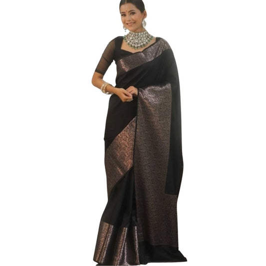 Generic Women's Silk Printed Saree With Unstitched Blouse 5.5Mtr (Black)