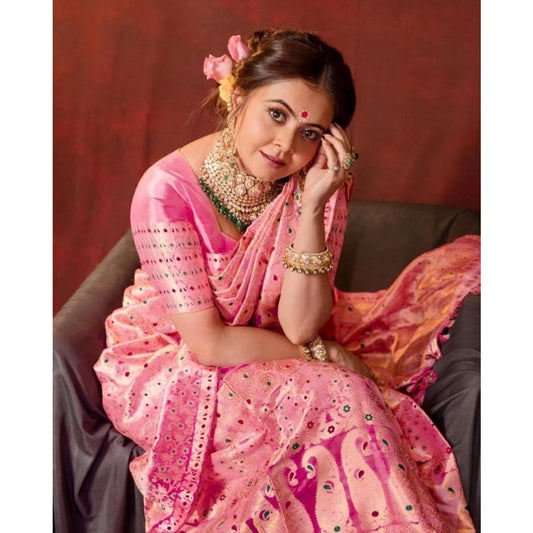 Generic Women's Soft Lichi Silk Printed Saree With Unstitched Blouse 5.5Mtr (Pink)