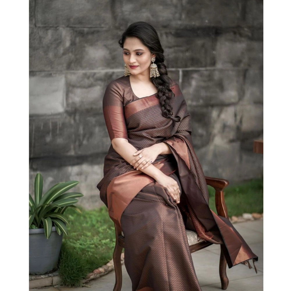 Generic Women's Soft Lichi Silk Printed Saree With Unstitched Blouse 5.5Mtr (Brown)
