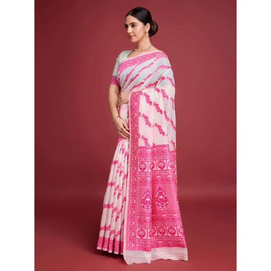 Generic Women's Jamdani Cotton Silk Printed Saree With Unstitched Blouse 5.5Mtr (Pink)
