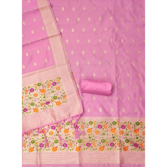 Generic Women's Banarasi Silk Printed Unstitched Salwar Suit Material With Dupatta (Light Pink, 3Mtrs)